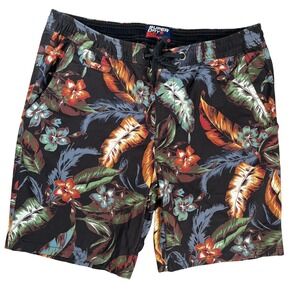Superdry Sun Scorched Shorts Mens Large Black Tropical Floral Drawstring Pockets